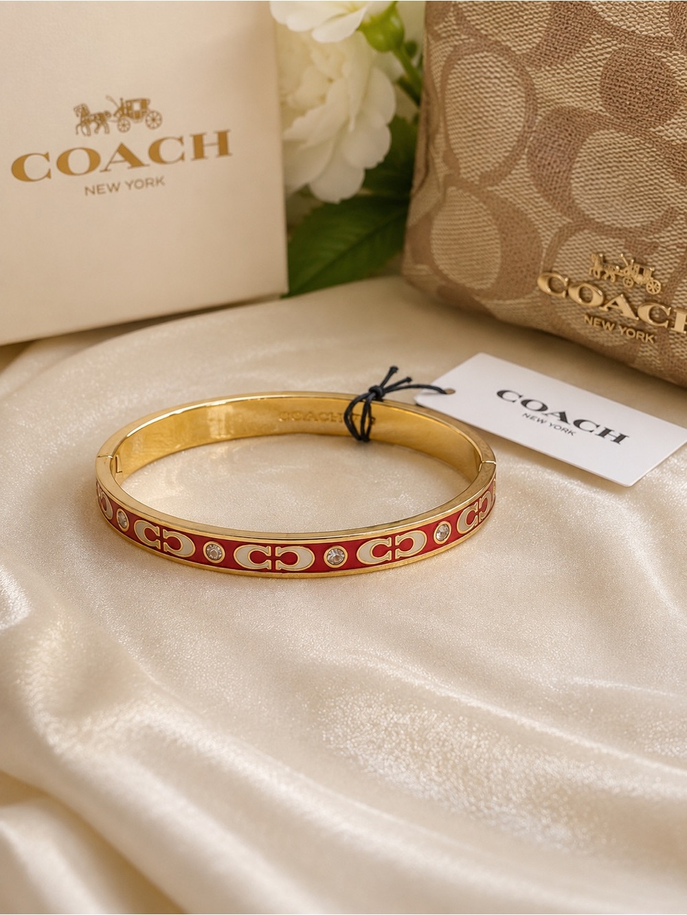 Coach Gold-Tone Red Signature Enamel Bangle Bracelet